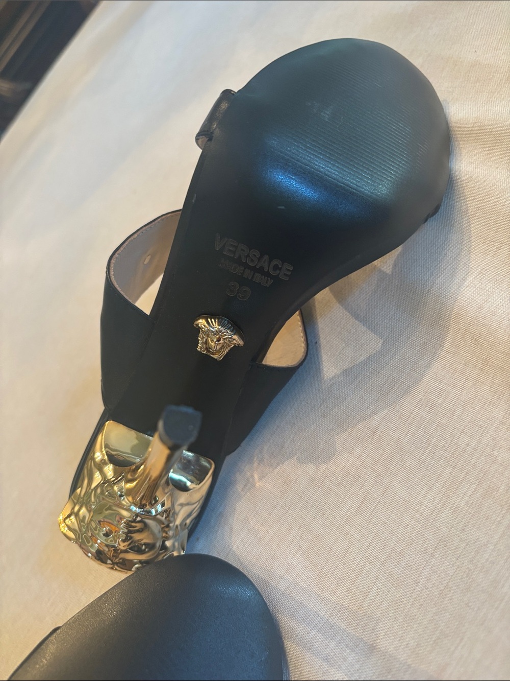 Versace Black Leather Crystal Medallion Slide Heels ( COPY) - Picture 7 of 7